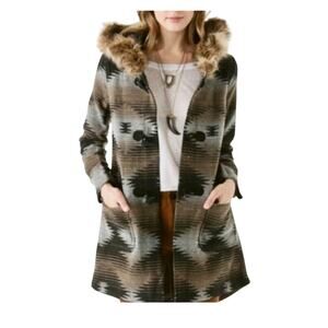 BB Dakota Toggle Coat Southwestern Aztec Hooded Jacket Wool Blend Women’s Med.
